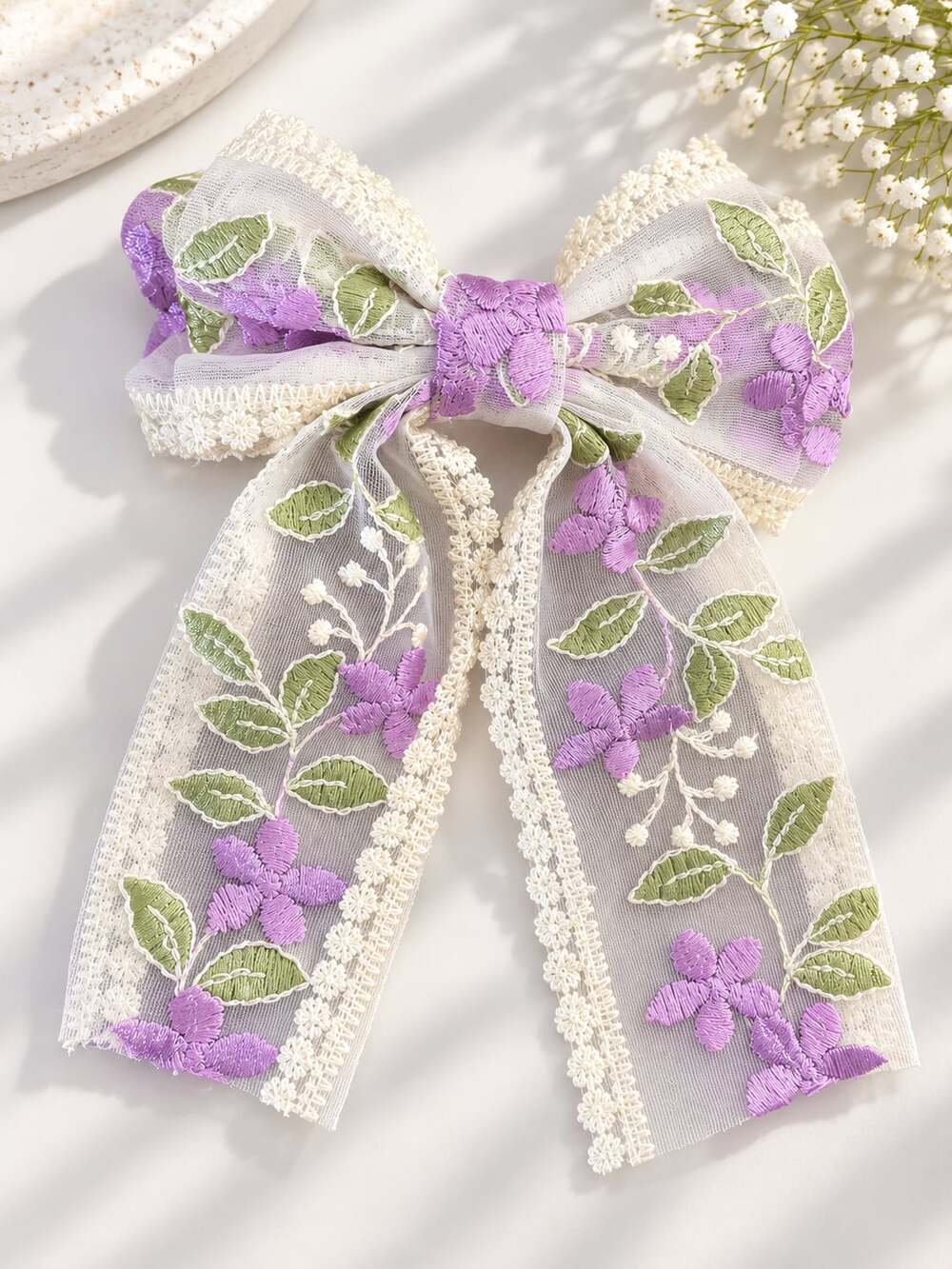 Ivory Sheer Lace Hair Bow Purple Floral Embroidered Long Tail Romantic Clip